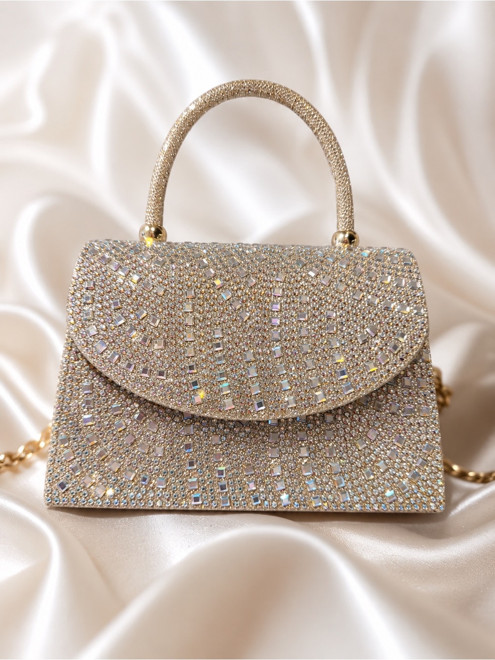 Crystal-Embellished Gold Evening Top-Handle Bag